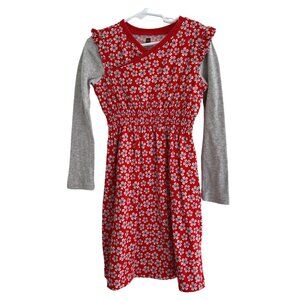 TEA Collection SORA Wrap Neck Fiery Red Floral Dress Girl Size 6 90s Long Sleeve